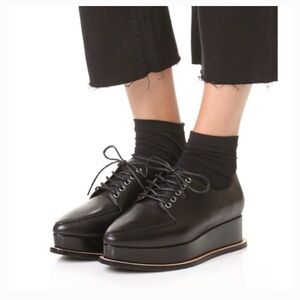 Opening Ceremony Black Leather Pointed Derby Oxfords with Brown Trim